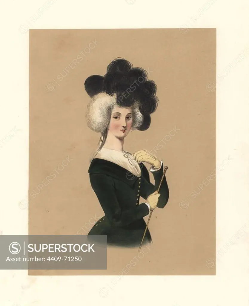 Dress of the reign of George III, 1760~1820. Woman in black hat with black plumes over a bouffant hairstyle, wearing a green velvet riding jacket, tan gloves, and carrying a crop. From a family picture by John Hoppner in the riding dress worn by the lady represented. Handcoloured lithograph from "Costumes of British Ladies from the Time of William the First to the Reign of Queen Victoria, London, Dickinson & Son, 1840. 48 mounted plates of women's fashion from 1066 to 1840 based on effigies, manuscripts, portraits, prints and literary descriptions.