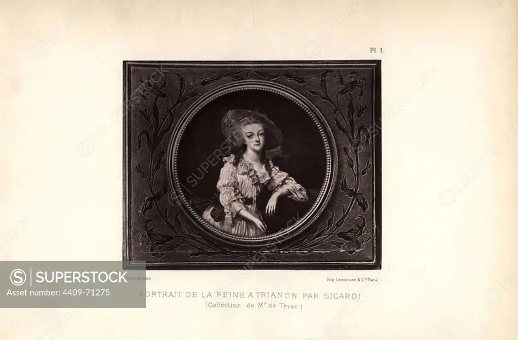 Portrait of the Queen at Trianon by Sicardi.. Photoglyptie from "Fashions and Customs of Marie Antoinette and her Times," by Le Comte de Reiset, Paris, 1885. The journal of Madame Eloffe, dressmaker and linen-merchant to the Queen and ladies of the court.