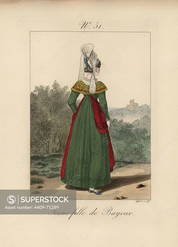 Young woman of Bayeux. The bodice of this dress is much shorter in the back than in the front. Hand-colored fashion plate illustration by Lante engraved by Gatine from Louis-Marie Lante's "Costumes des femmes du Pays de Caux," 1827/1885. With their tall Alsation lace hats, the women of Caux and Normandy were famous for the elegance and style.