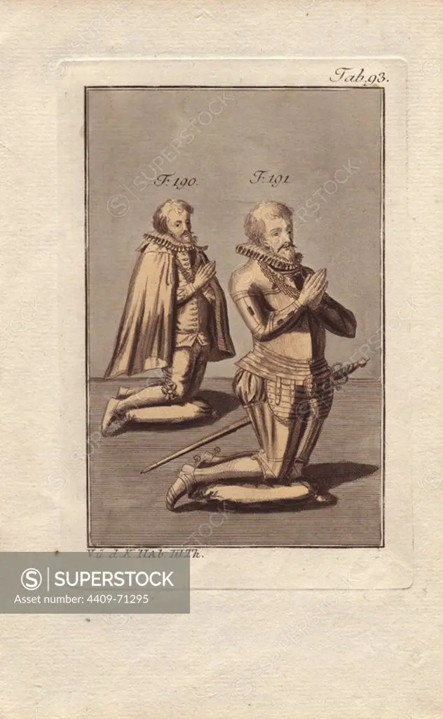 Effigies of knights from a tomb shown kneeling in prayer.. In the German version, this plate is labeled as "a knight and his son," but in the French edition, it is described as "the manner of placing knights in the tomb. In ancient monuments, knights and their wives were often placed in the attitude shown here.". Handcolored copperplate engraving of a knight from a religious military order from Robert von Spalart's "Historical Picture of the Costumes of the Principal People of Antiquity and of the Middle Ages" (1796).
