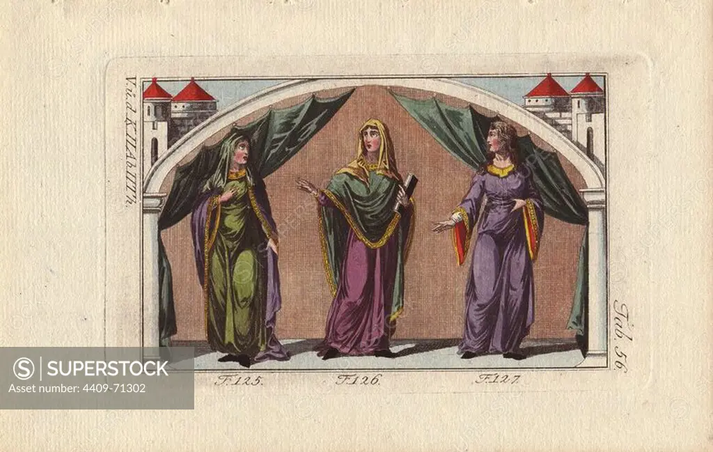 Norman women from the 12th century.. A Norman noblewoman wearing mantle and veil (125).. Another Norman noblewoman wearing mantle and veil (126).. A Norman woman with her head uncovered (127). Handcolored copperplate engraving from Robert von Spalart's "Historical Picture of the Costumes of the Principal People of Antiquity and of the Middle Ages" (1796).