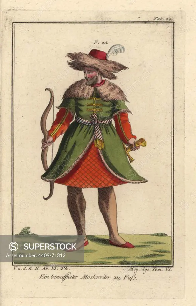 Armed Muscovite on foot, 16th century. Handcolored copperplate engraving from Robert von Spalart's "Historical Picture of the Costumes of the Peoples of Antiquity, the Middle Ages and the New Era," written by Leopold Ziegelhauser, Vienna, 1837. Illustration from Cesare Vecellio's Habiti antichi e moderni, Venice, 1590.