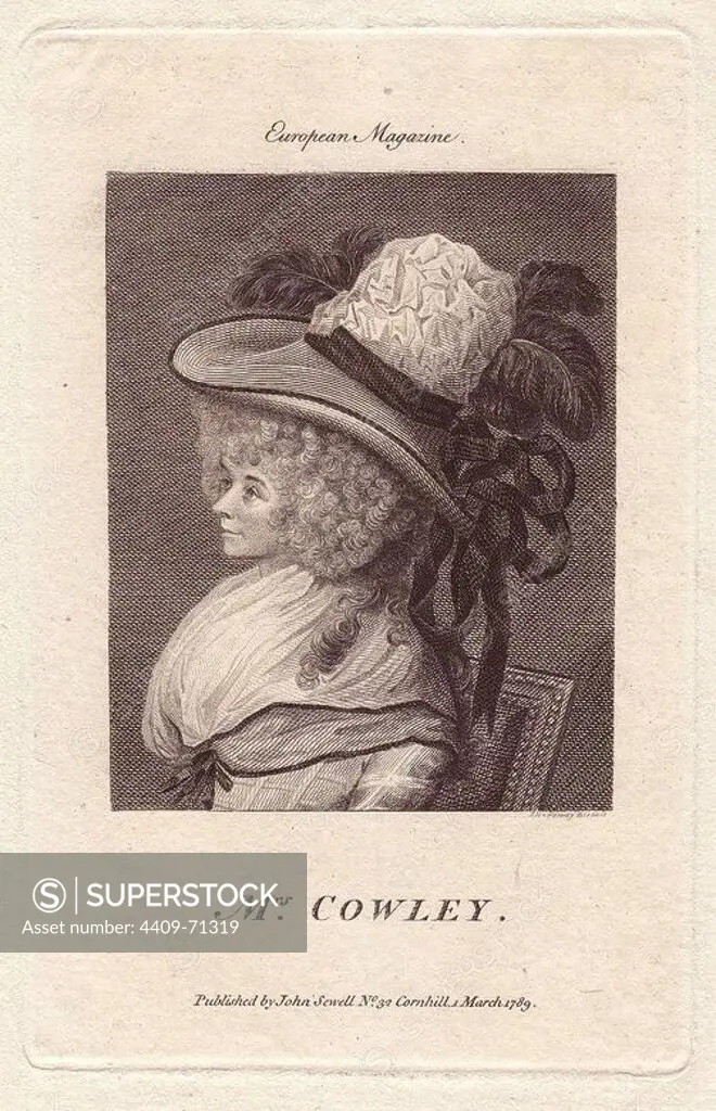 Mrs. Hannah Cowley (1743-1809), 18th century English dramatist and poetess, author of "The Runaway," "Who's the Dupe," "Albina" and "The Belle's Stratagem.". Portrait of the writer in large bonnet with ribbons and feathers, big hair, and lacey collar and ribbon.. Copperplate engraving by J. Holloway from The European Magazine, 1789.