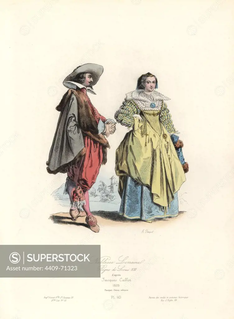Nobility of Lorraine, reign of Louis XIII, 1625. Handcoloured steel engraving by Hippolyte Pauquet after Jacques Collet from the Pauquet Brothers' "Modes et Costumes Historiques" (Historical Fashions and Costumes), Paris, 1865. Hippolyte (b. 1797) and Polydor Pauquet (b. 1799) ran a successful publishing house in Paris in the 19th century, specializing in illustrated books on costume, birds, butterflies, anatomy and natural history.