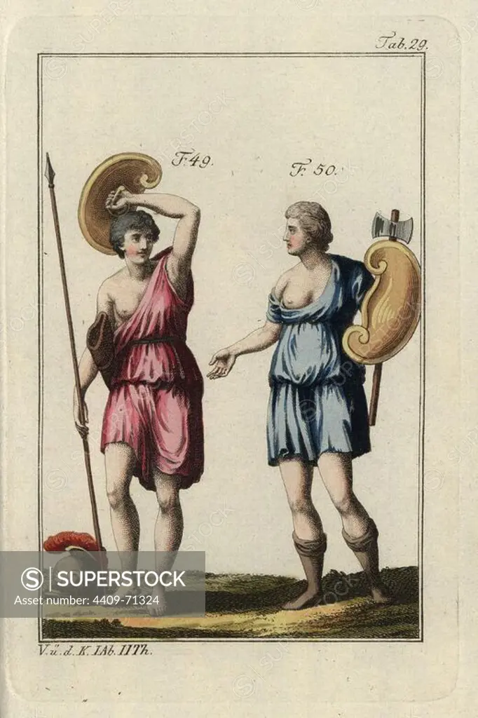 Two Amazon women warriors with lance, axe, shield and helmet. Handcolored copperplate engraving from Robert von Spalart's "Historical Picture of the Costumes of the Principal People of Antiquity and of the Middle Ages" (1797).