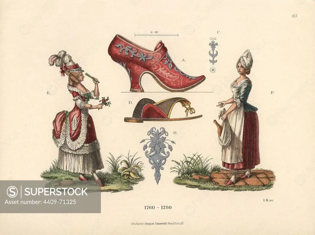 Women in the fashions of the mid-18th century. A woman in the French mode of the period, with high bonnet and full skirts, and a female cook with apron and ham. In the middle, a red leather shoe with silver buckles, and an undershoe below. Chromolithograph from Hefner-Alteneck's "Costumes, Artworks and Appliances from the Middle Ages to the 18th Century," Frankfurt, 1889. Illustration by Dr. Jakob Heinrich von Hefner-Alteneck, lithographed by Joh. Klipphahn, and published by Heinrich Keller. Dr. Hefner-Alteneck (1811 - 1903) was a German museum curator, archaeologist, art historian, illustrator and etcher.