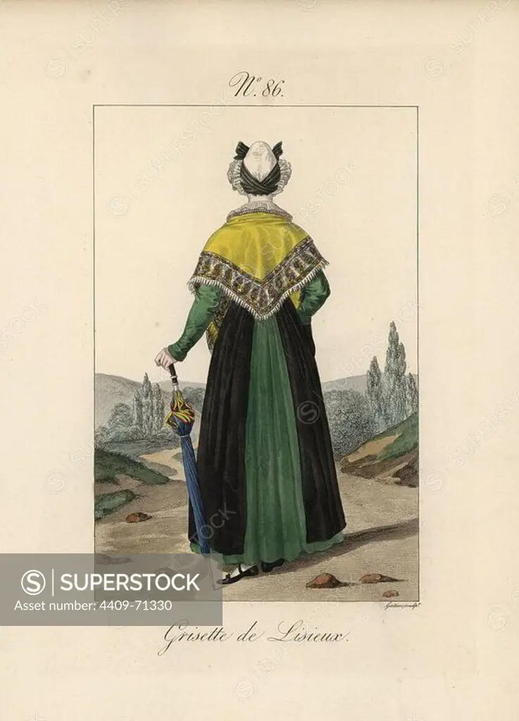 Tradeswoman of Lisieux. She wears a serre-tete fixed with a double ribbon, like those worn by the women of Paris at night. The term "grisette" referred to a working class woman, usually in the clothes trade, but also carried the connotation of floozy. Hand-colored fashion plate illustration by Lante engraved by Gatine from Louis-Marie Lante's "Costumes des femmes du Pays de Caux," 1827/1885. With their tall Alsation lace hats, the women of Caux and Normandy were famous for the elegance and style.