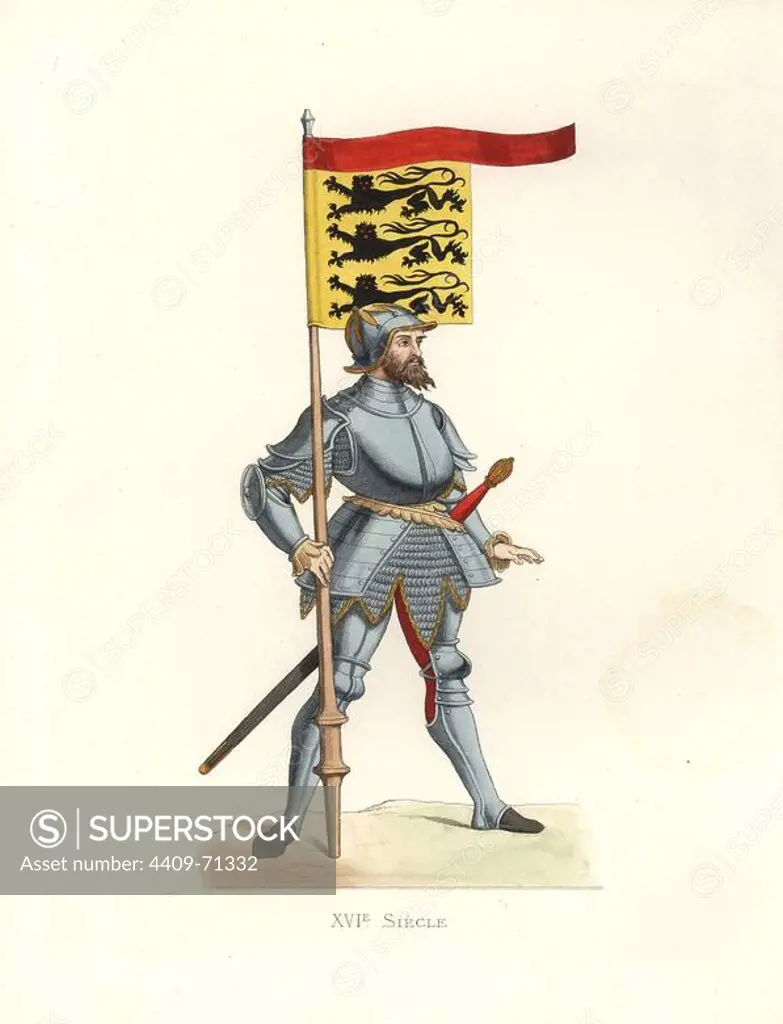 English Man of Arms, 16th century, in suit of armor and helmet, carrying a pennant with three lions, and a long two-handed sword.. Handcolored illustration by E. Lechevallier-Chevignard, lithographed by A. Didier, L. Flameng, F. Laguillermie, from Georges Duplessis's "Costumes historiques des XVIe, XVIIe et XVIIIe siecles" (Historical costumes of the 16th, 17th and 18th centuries), Paris 1867. The book was a continuation of the series on the costumes of the 12th to 15th centuries published by Camille Bonnard and Paul Mercuri from 1830. Georges Duplessis (1834-1899) was curator of the Prints department at the Bibliotheque nationale. Edmond Lechevallier-Chevignard (1825-1902) was an artist, book illustrator, and interior designer for many public buildings and churches. He was named professor at the National School of Decorative Arts in 1874.