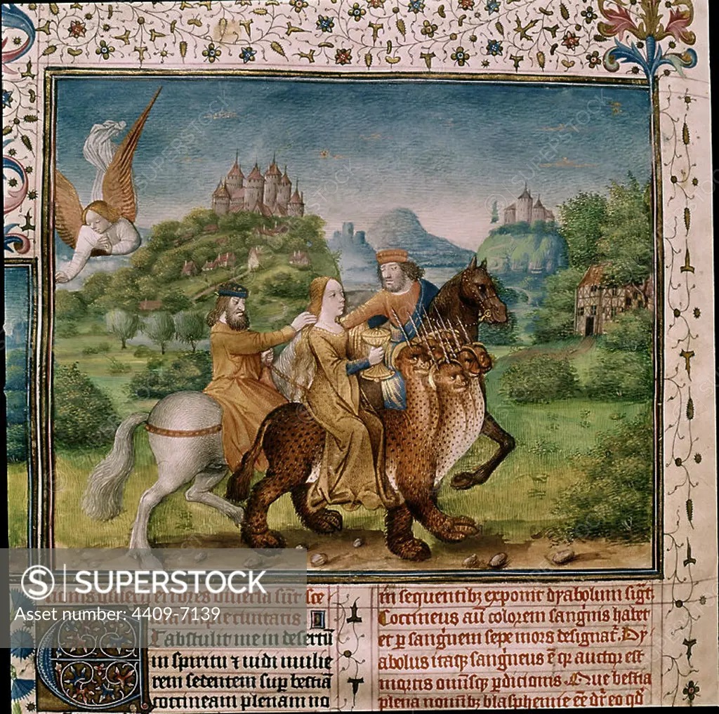 Spanish school. Woman on a seven headed dragon. Apocalypse manuscript. 1557. Madrid, Manoastery of San Lorenzo de El Escorial. Author: JEAN BAPTEUR-PERONET LAMY-JEAN COLOMBE. Location: MONASTERIO-BIBLIOTECA-COLECCION. SAN LORENZO DEL ESCORIAL. MADRID. SPAIN.