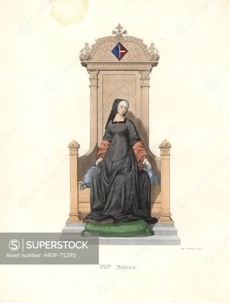 Louise of Savoy (14761531), Duchess of Angouleme, the mother of King Francis I of France. From a miniature.. Handcolored illustration by E. Lechevallier-Chevignard, lithographed by A. Didier, L. Flameng, F. Laguillermie, from Georges Duplessis's "Costumes historiques des XVIe, XVIIe et XVIIIe siecles" (Historical costumes of the 16th, 17th and 18th centuries), Paris 1867. The book was a continuation of the series on the costumes of the 12th to 15th centuries published by Camille Bonnard and Paul Mercuri from 1830. Georges Duplessis (1834-1899) was curator of the Prints department at the Bibliotheque nationale. Edmond Lechevallier-Chevignard (1825-1902) was an artist, book illustrator, and interior designer for many public buildings and churches. He was named professor at the National School of Decorative Arts in 1874.