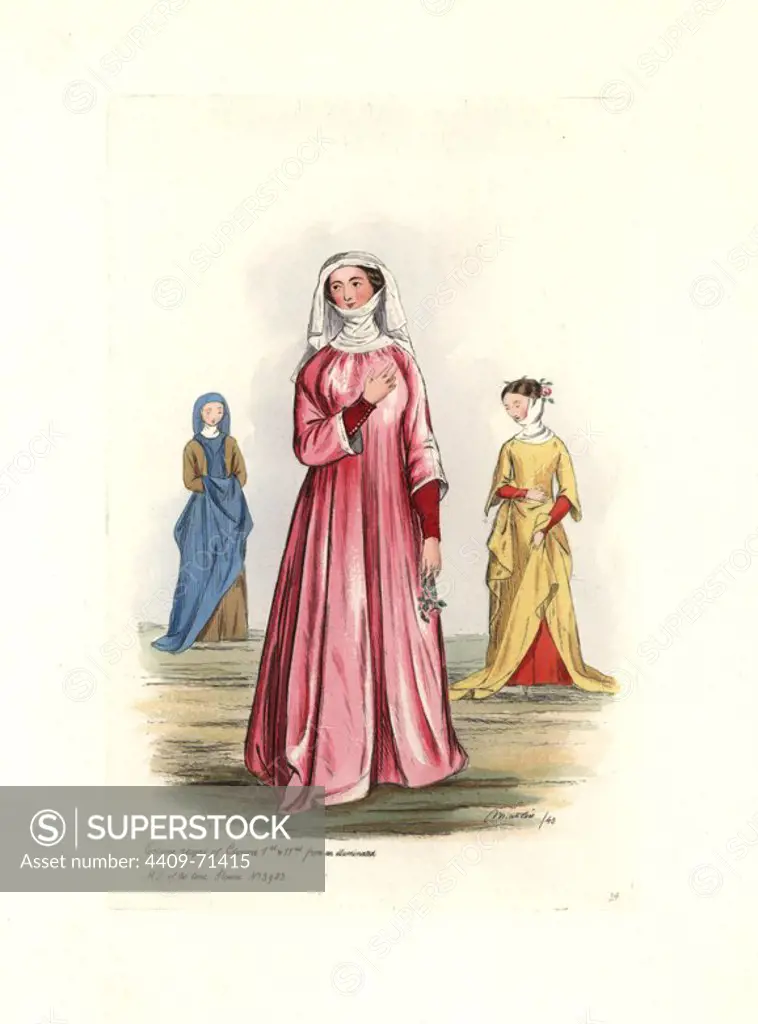 Women's costume from the reigns of Edward I and II (1272-1327). From an illuminated manuscript of the time, Sloane No. 3983. Handcolored engraving from "Civil Costume of England from the Conquest to the Present Period" drawn by Charles Martin and etched by Leopold Martin, London, Henry Bohn, 1842. The costumes were drawn from tapestries, monumental effigies, illuminated manuscripts and portraits by artists. Charles and Leopold Martin were the sons of the romantic artist and mezzotint engraver John Martin (1789-1854).