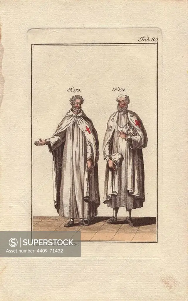 Two Knights Templar in house wear or monastery robes.. The Order of the Knights Templar was a military order founded in 1118 by Hugues de Payens, a knight of Champagne, and eight other knights to protect pilgrims to the Holy Land. From humble beginnings as "Poor Knights of the Temple," they grew to become a powerful and rich army of warrior monks, with barracks/ monasteries all over Europe, and several castles in Palestine: Safed (1140), Karak (1143), and Castle Pilgrim (1217). The order came to a tragic end in 1312 when all the Templars were branded as heretics, tortured and executed.. Handcolored copperplate engraving of a knight from a religious military order from Robert von Spalart's "Historical Picture of the Costumes of the Principal People of Antiquity and of the Middle Ages" (1796).
