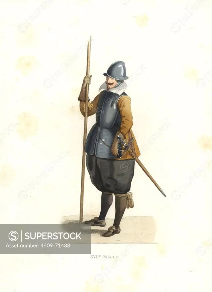 Pikeman, French Flanders, 17th century. Handcolored illustration by E. Lechevallier-Chevignard, lithographed by A. Didier, L. Flameng, F. Laguillermie, from Georges Duplessis's "Costumes historiques des XVIe, XVIIe et XVIIIe siecles" (Historical costumes of the 16th, 17th and 18th centuries), Paris 1867. The book was a continuation of the series on the costumes of the 12th to 15th centuries published by Camille Bonnard and Paul Mercuri from 1830. Georges Duplessis (1834-1899) was curator of the Prints department at the Bibliotheque nationale. Edmond Lechevallier-Chevignard (1825-1902) was an artist, book illustrator, and interior designer for many public buildings and churches. He was named professor at the National School of Decorative Arts in 1874.