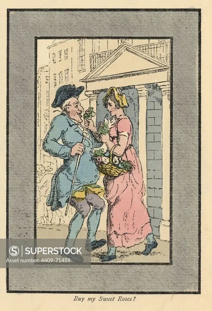 Woman flower seller accosting a smiling gentleman with a posy of roses (1819). Handcoloured woodblock print after an original painting by Thomas Rowlandson (1756-1827) from Andrew Tuer's "London Cries: with Six Charming Children and about forty other illustrations," published by Field & Tuer, London, 1883.