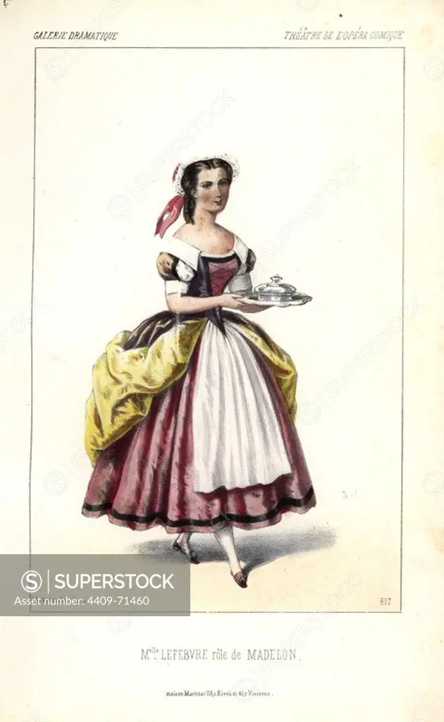 Mlle. Lefebvre in the title role of "Madelon," a comic opera by Francois Bazin, 1852. Constance-Caroline Lefebvre-Faure (1828-1905) was a French mezzo soprano. Handcoloured lithograph by Alexandre Lacauchie from "Galerie Dramatique: Costumes des Theatres de Paris" ca. 1860.