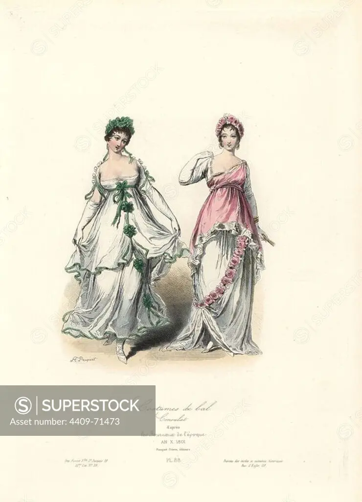 Neo-classical ball gowns, Consulate era, An X (Year 10) 1801. Handcoloured steel engraving by Hippolyte Pauquet after fashion magazines of the time from the Pauquet Brothers' "Modes et Costumes Historiques" (Historical Fashions and Costumes), Paris, 1865. Hippolyte (b. 1797) and Polydor Pauquet (b. 1799) ran a successful publishing house in Paris in the 19th century, specializing in illustrated books on costume, birds, butterflies, anatomy and natural history.