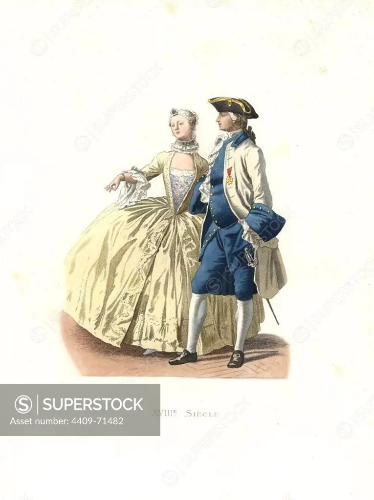 Officer (governor of the port of Marseille) and lady of quality, France, 18th century, from a painting by Joseph Vernet. Handcolored illustration by E. Lechevallier-Chevignard, lithographed by A. Didier, L. Flameng, F. Laguillermie, from Georges Duplessis's "Costumes historiques des XVIe, XVIIe et XVIIIe siecles" (Historical costumes of the 16th, 17th and 18th centuries), Paris 1867. The book was a continuation of the series on the costumes of the 12th to 15th centuries published by Camille Bonnard and Paul Mercuri from 1830. Georges Duplessis (1834-1899) was curator of the Prints department at the Bibliotheque nationale. Edmond Lechevallier-Chevignard (1825-1902) was an artist, book illustrator, and interior designer for many public buildings and churches. He was named professor at the National School of Decorative Arts in 1874.