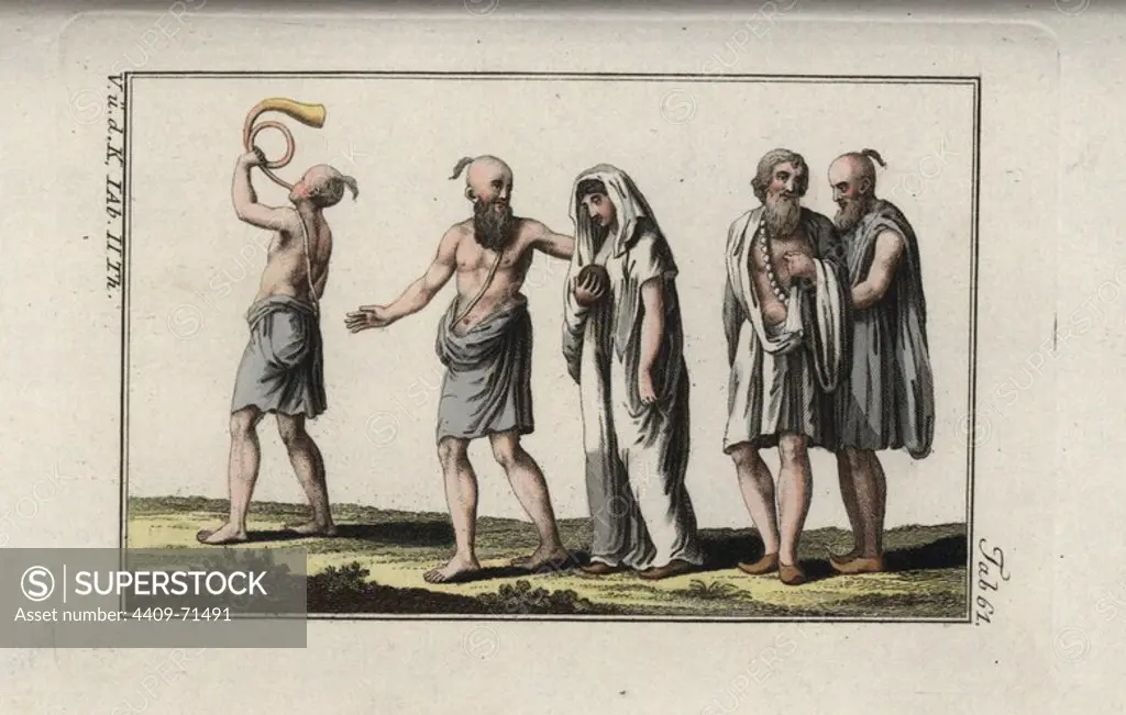 Indian men accompanying a widow to a funeral pyre (sati). Handcolored copperplate engraving from Robert von Spalart's "Historical Picture of the Costumes of the Principal People of Antiquity and of the Middle Ages" (1797).