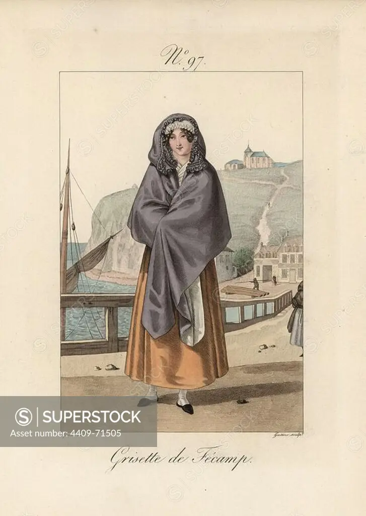 Woman of Fecamp. Like the serre-tete of le Havre, this one too is decorated only to the temples. She wears a cape with hood, and stands in the port. In the background on the hill is the church of Notre-Dame-du-Salut. Grisettes, usually women working in garment or fabric industry, were so called for their grey (gris) clothes. Hand-colored fashion plate illustration by Lante engraved by Gatine from Louis-Marie Lante's "Costumes des femmes du Pays de Caux," 1827/1885. With their tall Alsation lace hats, the women of Caux and Normandy were famous for the elegance and style.