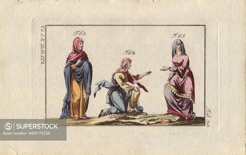 "Anglo Saxon woman in mantle (63), Anglo Saxon woman in mantle, wearing her veil in a particular manner (64), and Anglo Saxon woman in a tunic with borders of various colours and a robe with large sleeves (65).". "The tunics worn by women in the 9th, 10th and 11th centuries show little variation. One finds some however in the borders of many colours at the hem. It is probable that this ornament was fashioned in needlepoint (65).". "Fig. 64 wears her veil in a very particular manner; it is not fixed, and the ends fall on her shoulders, leaving the collar of her robe revealed along with the front of her neck." . Handcolored copperplate engraving from Robert von Spalart's "Historical Picture of the Costumes of the Principal People of Antiquity and of the Middle Ages" (1796).