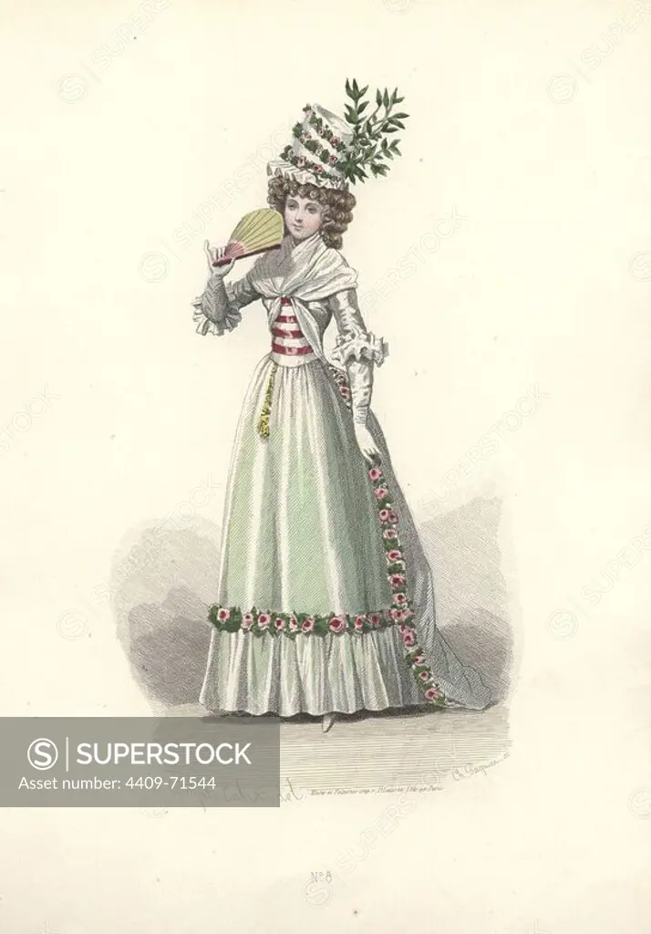 Woman in extravagant tall floral bonnet, wearing a flower-trimmed pale green dress, holding a fan.. Francois-Claudius Compte-Calix (1813-1880) was a French painter and illustrator. A regular exhibitor at the Salons, he illustrated numerous books and several romantic books of poetry, and for many years contributed to the fashion magazine "Modes Parisiennes".. Handcolored lithograph of an illustration by Francois-Claudius Compte-Calix from "Les Modes Parisiennes sous le Directoire" (Paris Fashions under the Directory 1795-1799) 1865.