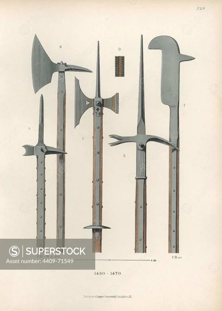 Pikes, halberds and pole arms from the mid 15th century owned by G. Wittemann, Geisenheim. Example E is a Lucerne hammer. Chromolithograph from Hefner-Alteneck's "Costumes, Artworks and Appliances from the early Middle Ages to the end of the 18th Century," Frankfurt, 1883. IIlustration drawn by Hefner-Alteneck, lithographed by C. Regnier, and published by Heinrich Keller. Dr. Jakob Heinrich von Hefner-Alteneck (1811-1903) was a German archeologist, art historian and illustrator. He was director of the Bavarian National Museum from 1868 until 1886.