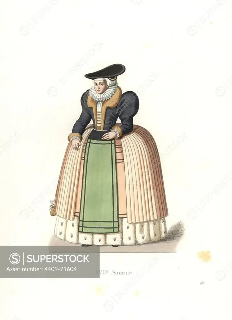 Woman of Alsace, 16th century. Wife of a master ropemaker of Strasbourg. Handcolored illustration by E. Lechevallier-Chevignard, lithographed by A. Didier, L. Flameng, F. Laguillermie, from Georges Duplessis's "Costumes historiques des XVIe, XVIIe et XVIIIe siecles" (Historical costumes of the 16th, 17th and 18th centuries), Paris 1867. The book was a continuation of the series on the costumes of the 12th to 15th centuries published by Camille Bonnard and Paul Mercuri from 1830. Georges Duplessis (1834-1899) was curator of the Prints department at the Bibliotheque nationale. Edmond Lechevallier-Chevignard (1825-1902) was an artist, book illustrator, and interior designer for many public buildings and churches. He was named professor at the National School of Decorative Arts in 1874.