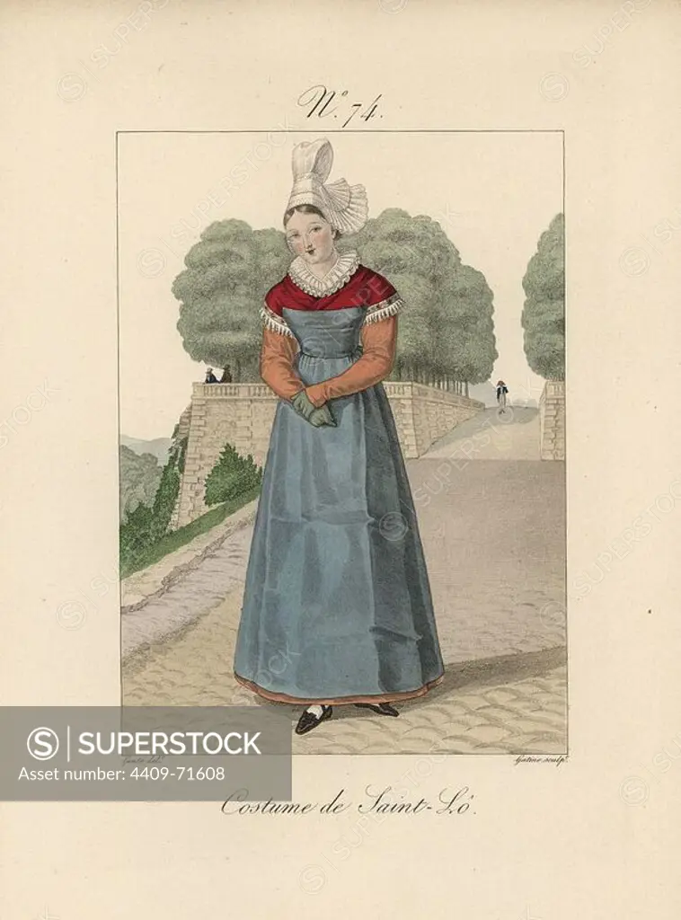 Costume of Saint-Lo. The hat is called a "bonnet rond." The background shows a view of one of the terraces next to the Champ-de-Mars. Hand-colored fashion plate illustration by Lante engraved by Gatine from Louis-Marie Lante's "Costumes des femmes du Pays de Caux," 1827/1885. With their tall Alsation lace hats, the women of Caux and Normandy were famous for the elegance and style.