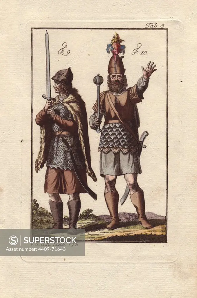 A Hun soldier in armoured tunic and fur cape, holding a straight sword with another curved scimitar on his belt.. A Hun herald (10) in armoured tunic and plumed helmet, holding a sceptre and carrying a curved sword at his belt.. "The Huns or the Hiong-nu, a very ancient nation from the north-east of Asia, penetrated Europe at the beginning of the 5th century.". "One sees in this engraving a man holding up a naked sword drenched with blood. He is accompanied by a herald who traveled the lands of the Huns to convene an assembly of the people. It is obvious to see that these Huns have already had contact with the Romans." . Handcolored copperplate engraving from Robert von Spalart's "Historical Picture of the Costumes of the Principal People of Antiquity and of the Middle Ages" (1796).