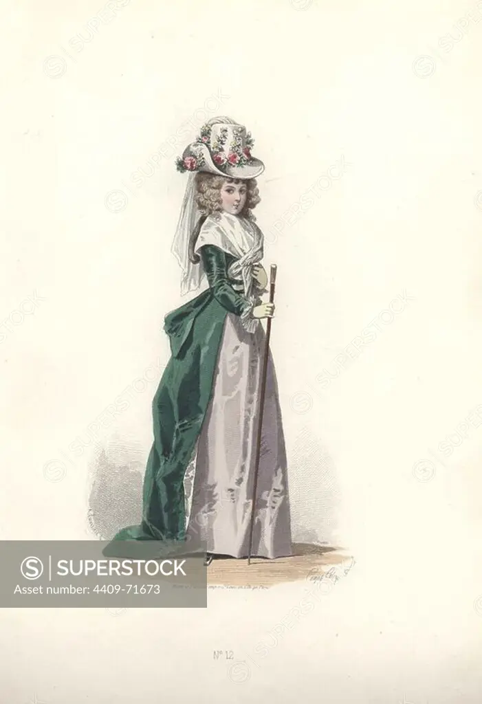 Fashionable woman in flowery bonnet, wearing a green velvet coat over a grey silk dress and holding a cane.. Francois-Claudius Compte-Calix (1813-1880) was a French painter and illustrator. A regular exhibitor at the Salons, he illustrated numerous books and several romantic books of poetry, and for many years contributed to the fashion magazine "Modes Parisiennes".. Handcolored lithograph of an illustration by Francois-Claudius Compte-Calix from "Les Modes Parisiennes sous le Directoire" (Paris Fashions under the Directory 1795-1799) 1865.