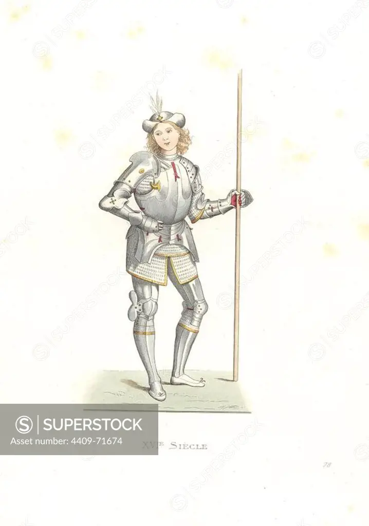 Italian man of arms, 16th century, after an illustration by Italian artist Bernardino di Benedetto, il Pinturicchio (1454-1513), in the Louvre. Handcolored illustration by E. Lechevallier-Chevignard, lithographed by A. Didier, L. Flameng, F. Laguillermie, from Georges Duplessis's "Costumes historiques des XVIe, XVIIe et XVIIIe siecles" (Historical costumes of the 16th, 17th and 18th centuries), Paris 1867. The book was a continuation of the series on the costumes of the 12th to 15th centuries published by Camille Bonnard and Paul Mercuri from 1830. Georges Duplessis (1834-1899) was curator of the Prints department at the Bibliotheque nationale. Edmond Lechevallier-Chevignard (1825-1902) was an artist, book illustrator, and interior designer for many public buildings and churches. He was named professor at the National School of Decorative Arts in 1874.