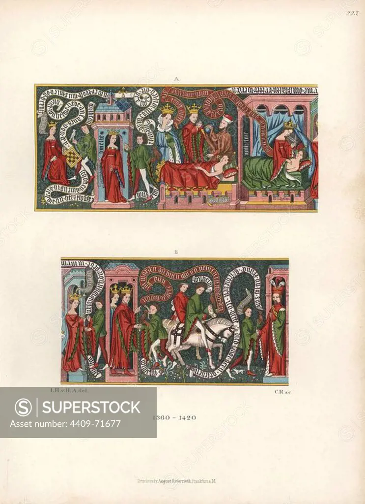Carpet from the Signaringen Museum depicting events from the French epic poem "William of Orleans" by William the Troubadour and Godfried de Bouillon. Chromolithograph from Hefner-Alteneck's "Costumes, Artworks and Appliances from the early Middle Ages to the end of the 18th Century," Frankfurt, 1883. IIlustration drawn by Hefner-Alteneck, lithographed by C, and published by Heinrich Keller. Dr. Jakob Heinrich von Hefner-Alteneck (1811-1903) was a German archeologist, art historian and illustrator. He was director of the Bavarian National Museum from 1868 until 1886.