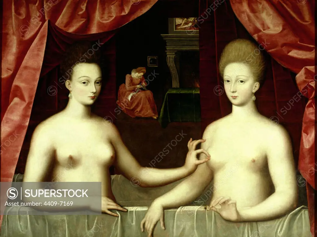 'Gabrielle d'Estrées and One of Her Sisters', c. 1594,Oil on canvas, 96 x 125 cm. Author: COUSIN JEAN EL JOVEN. Location: LOUVRE MUSEUM-PAINTINGS. France. VILLARS DUQUESA. ESTREES GABRIELLE. ENRIQUE IV DE FRANCIA AMANTE.