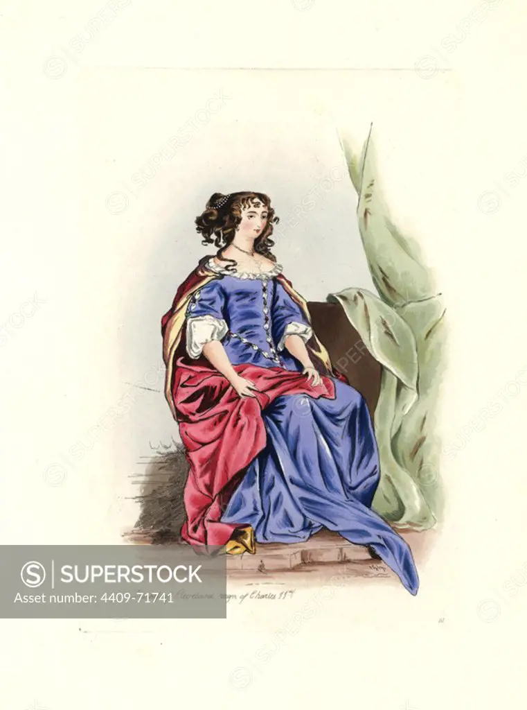 Duchess of Cleveland, from a painting by Sir Peter Lely. Barbara Palmer (1640-1709) was mistress of Charles II. She is shown in a blue dress decorated with white lace cuffs, and a crimson cape. Handcolored engraving from "Civil Costume of England from the Conquest to the Present Period" drawn by Charles Martin and etched by Leopold Martin, London, Henry Bohn, 1842. The costumes were drawn from tapestries, monumental effigies, illuminated manuscripts and portraits. Charles and Leopold Martin were the sons of the romantic artist and mezzotint engraver John Martin (1789-1854).