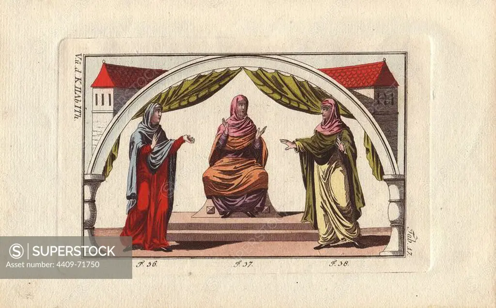 Anglo Saxon woman wearing a tunic, veil, mantle, and open-toe shoes (36), Anglo Saxon woman in tunic and veil (37), and Anglo Saxon woman in a veil in a different colour from her mantle (38).". "Veils were dyed in various colours and made of fabrics probably more or less precious." . Handcolored copperplate engraving from Robert von Spalart's "Historical Picture of the Costumes of the Principal People of Antiquity and of the Middle Ages" (1796).