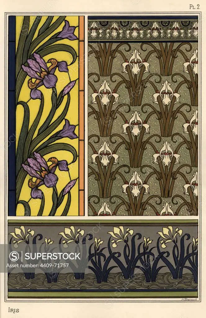 The iris in various patterns for stained glass, wallpaper and fabrics. Lithograph by Verneuil with pochoir (stencil) handcoloring from Eugene Grasset's Plants and their Application to Ornament, Paris, 1897. Eugene Grasset (1841-1917) was a Swiss artist whose innovative designs inspired the art nouveau movement at the end of the 19th century.