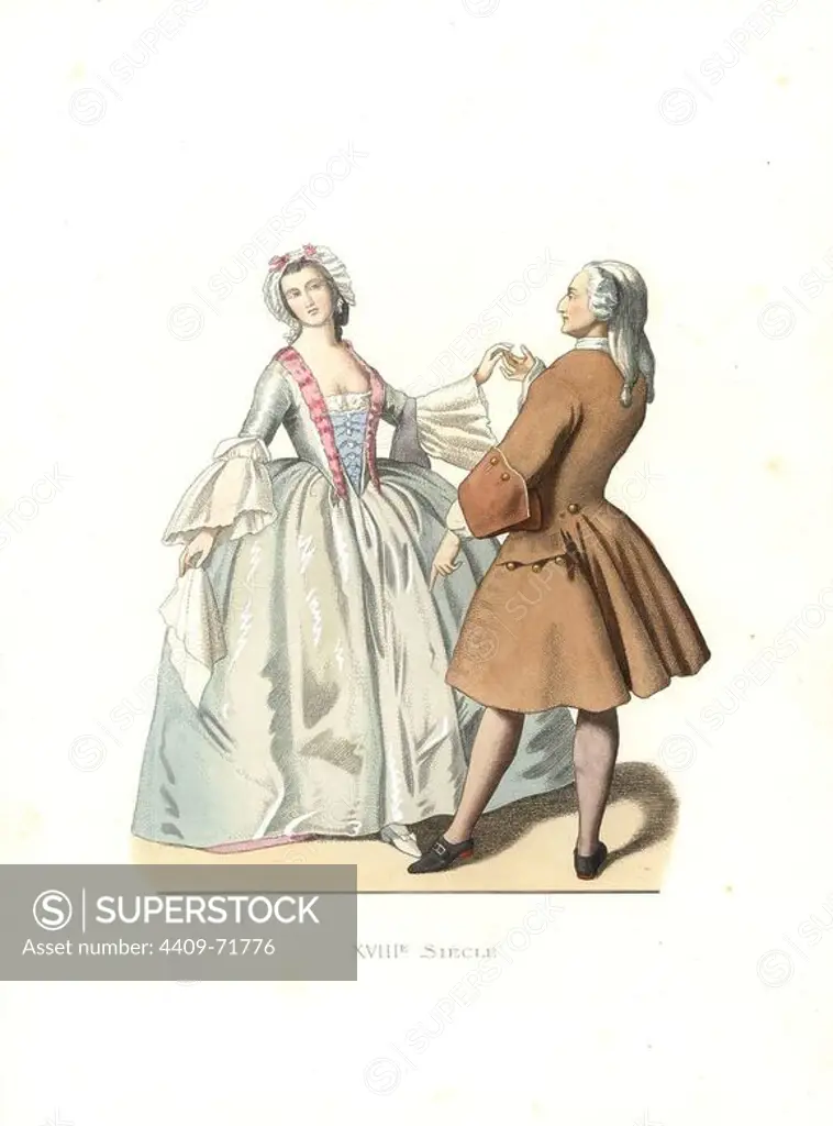 Dancing master and young Venetian woman, 18th century, Italy. From a painting "The Dancing Lesson" by Pietro Longhi, ca. 1741. Handcolored illustration by E. Lechevallier-Chevignard, lithographed by A. Didier, L. Flameng, F. Laguillermie, from Georges Duplessis's "Costumes historiques des XVIe, XVIIe et XVIIIe siecles" (Historical costumes of the 16th, 17th and 18th centuries), Paris 1867. The book was a continuation of the series on the costumes of the 12th to 15th centuries published by Camille Bonnard and Paul Mercuri from 1830. Georges Duplessis (1834-1899) was curator of the Prints department at the Bibliotheque nationale. Edmond Lechevallier-Chevignard (1825-1902) was an artist, book illustrator, and interior designer for many public buildings and churches. He was named professor at the National School of Decorative Arts in 1874.