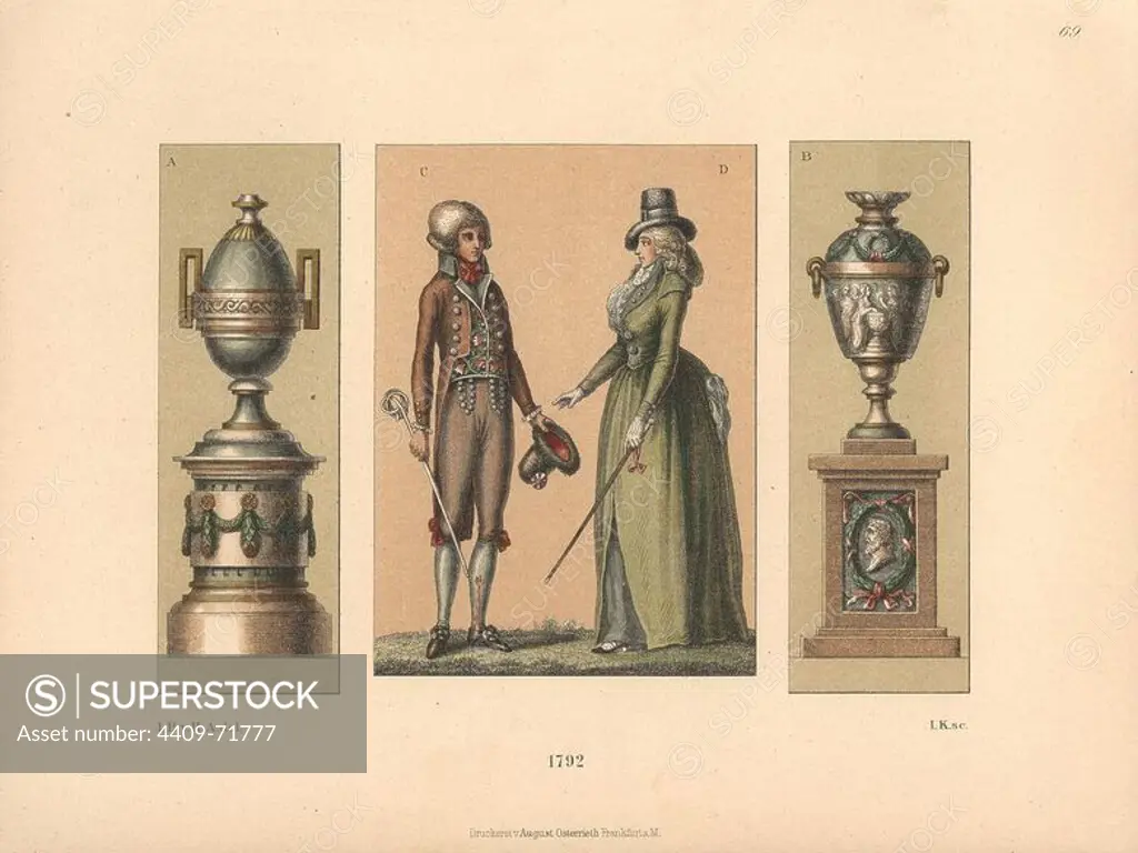 Fashions of 1792. An elegant Parisian man in the latest style and a young German woman in cape and bonnet. Two antique vases. Chromolithograph from Hefner-Alteneck's "Costumes, Artworks and Appliances from the Middle Ages to the 18th Century," Frankfurt, 1889. Illustration by Dr. Jakob Heinrich von Hefner-Alteneck, lithographed by Joh. Klipphahn, and published by Heinrich Keller. Dr. Hefner-Alteneck (1811 - 1903) was a German museum curator, archaeologist, art historian, illustrator and etcher.