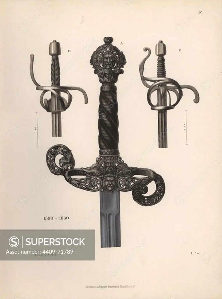 Hilts from three 17th century rapiers. Chromolithograph from Hefner-Alteneck's "Costumes, Artworks and Appliances from the Middle Ages to the 17th Century," Frankfurt, 1889. Illustration by Dr. Jakob Heinrich von Hefner-Alteneck, lithographed by IP, and published by Heinrich Keller. Dr. Hefner-Alteneck (1811 - 1903) was a German curator, archaeologist, art historian, illustrator and etcher.