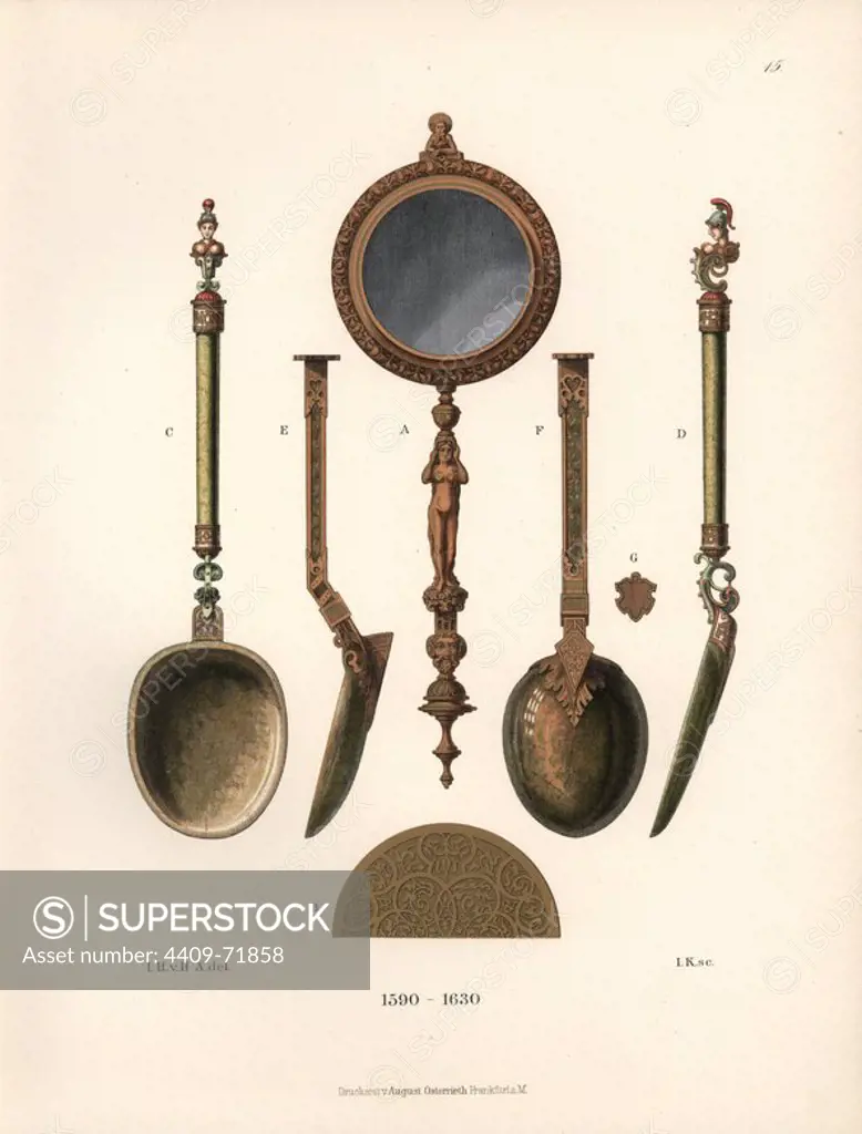 Woman's hand mirror and gilded silver spoons from the early 17th century. Chromolithograph from Hefner-Alteneck's "Costumes, Artworks and Appliances from the Middle Ages to the 17th Century," Frankfurt, 1889. Illustration by Dr. Jakob Heinrich von Hefner-Alteneck, lithographed by , and published by Heinrich Keller. Dr. Hefner-Alteneck (1811 - 1903) was a German curator, archaeologist, art historian, illustrator and etcher.
