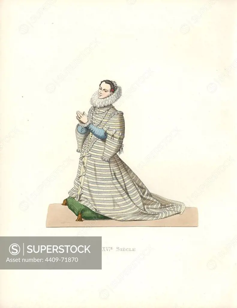 Infanta Isabella Clara Eugenia of Spain (1566-1633), wife of Archduke Albert of Austria. Long striped dress with large ruff collar.. Handcolored illustration by E. Lechevallier-Chevignard, lithographed by A. Didier, L. Flameng, F. Laguillermie, from Georges Duplessis's "Costumes historiques des XVIe, XVIIe et XVIIIe siecles" (Historical costumes of the 16th, 17th and 18th centuries), Paris 1867. The book was a continuation of the series on the costumes of the 12th to 15th centuries published by Camille Bonnard and Paul Mercuri from 1830. Georges Duplessis (1834-1899) was curator of the Prints department at the Bibliotheque nationale. Edmond Lechevallier-Chevignard (1825-1902) was an artist, book illustrator, and interior designer for many public buildings and churches. He was named professor at the National School of Decorative Arts in 1874.