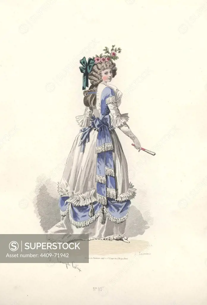 Woman in long white silk dress with blue ribbon decorations, holding a fan, and with a green bow and flowers in her hair.. Francois-Claudius Compte-Calix (1813-1880) was a French painter and illustrator. A regular exhibitor at the Salons, he illustrated numerous books and several romantic books of poetry, and for many years contributed to the fashion magazine "Modes Parisiennes".. Handcolored lithograph of an illustration by Francois-Claudius Compte-Calix from "Les Modes Parisiennes sous le Directoire" (Paris Fashions under the Directory 1795-1799) 1865.