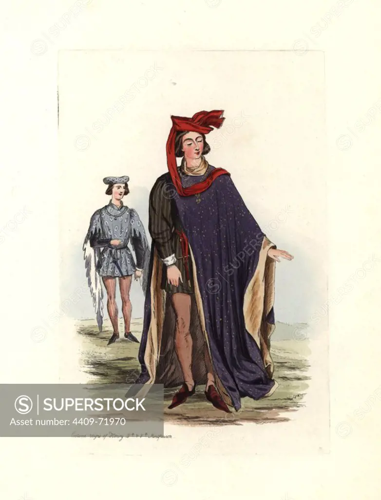 Male costume from the reigns of Henry IV and V (1399-1422). From an image by the antiquarian Montfaucon. Handcolored engraving from "Civil Costume of England from the Conquest to the Present Period" drawn by Charles Martin and etched by Leopold Martin, London, Henry Bohn, 1842. The costumes were drawn from tapestries, monumental effigies, illuminated manuscripts and portraits. Charles and Leopold Martin were the sons of the romantic artist and mezzotint engraver John Martin (1789-1854).