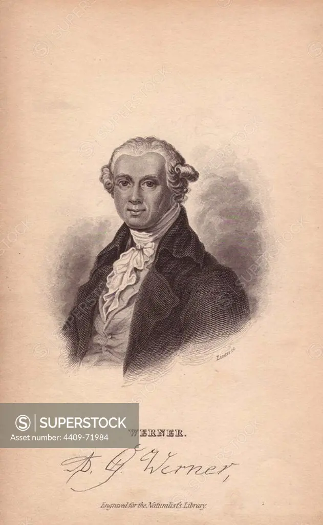 Abraham Gottlob Werner (1750-1817), German geologist and founder of the Neptunist school.. Portrait engraved on steel by W.H. Lizars, from Sir William Jardine's "The Naturalist's Library" 1833, Edinburgh.