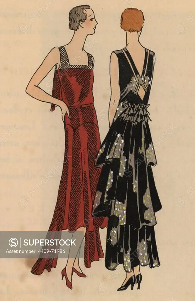 Woman in crimson crepe evening dress with long tails, and woman in black evening dress with printed accents and crossover back. Short bob hairstyles.. Handcolored pochoir (stencil) lithograph from the French luxury fashion magazine "Art, Gout, Beaute" 1928.