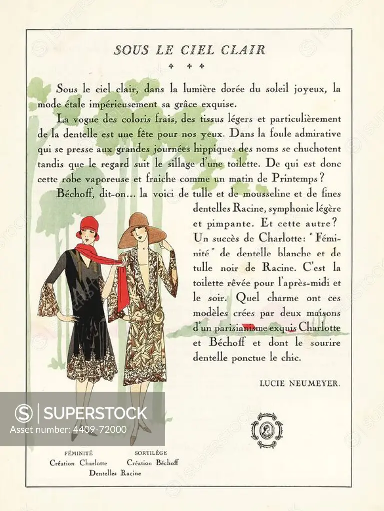 Women in afternoon dresses of tulle, muslin and lace. Lithograph with pochoir (stencil) handcolour from the luxury French fashion magazine "Art, Gout, Beaute," 1926.