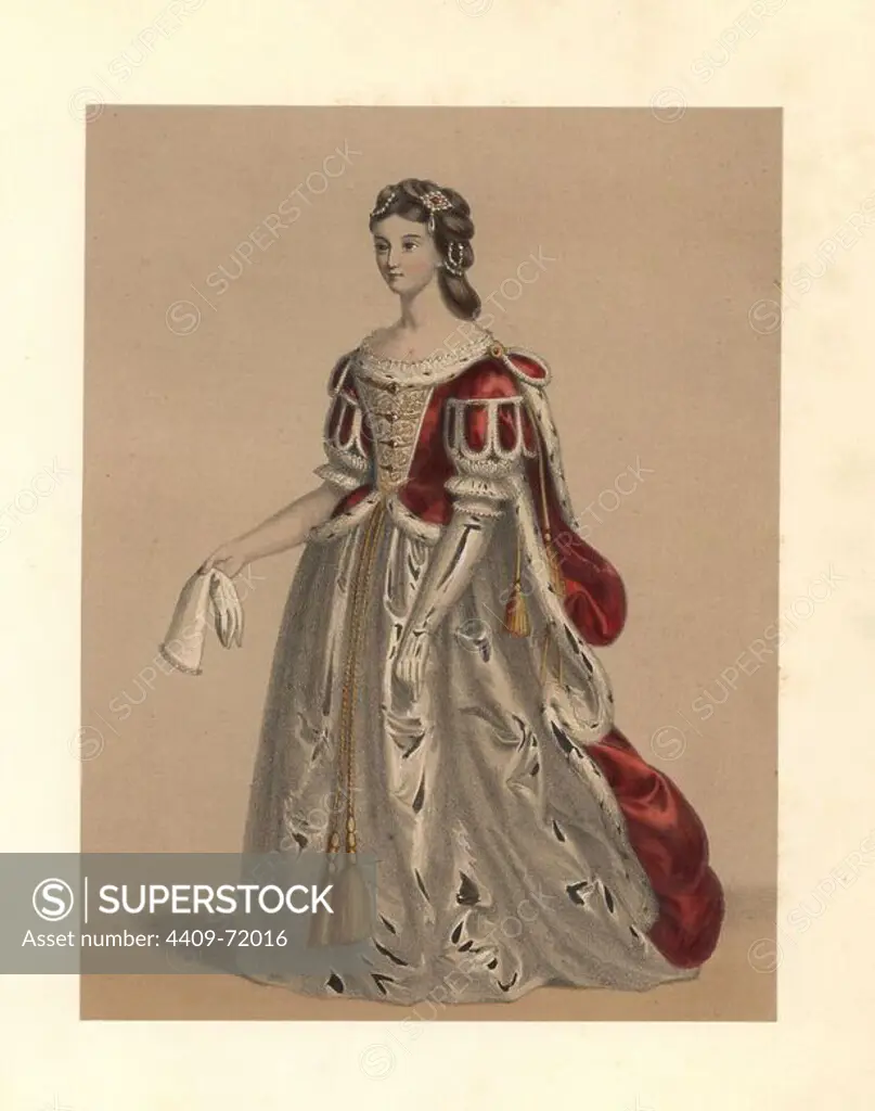 Dress of the reign of King George II, 1727~1760. She wears jewels in her hair, a velvet dress trimmed with ermine, with puff sleeves and long train, over a white petticoat. From portraits of distinguished persons about 1745. Handcoloured lithograph from "Costumes of British Ladies from the Time of William the First to the Reign of Queen Victoria, London, Dickinson & Son, 1840. 48 mounted plates of women's fashion from 1066 to 1840 based on effigies, manuscripts, portraits, prints and literary descriptions.