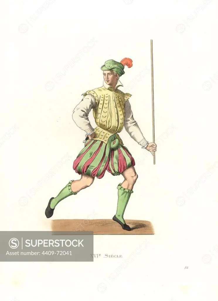 French lackey, 16th century. Handcolored illustration by E. Lechevallier-Chevignard, lithographed by A. Didier, L. Flameng, F. Laguillermie, from Georges Duplessis's "Costumes historiques des XVIe, XVIIe et XVIIIe siecles" (Historical costumes of the 16th, 17th and 18th centuries), Paris 1867. The book was a continuation of the series on the costumes of the 12th to 15th centuries published by Camille Bonnard and Paul Mercuri from 1830. Georges Duplessis (1834-1899) was curator of the Prints department at the Bibliotheque nationale. Edmond Lechevallier-Chevignard (1825-1902) was an artist, book illustrator, and interior designer for many public buildings and churches. He was named professor at the National School of Decorative Arts in 1874.