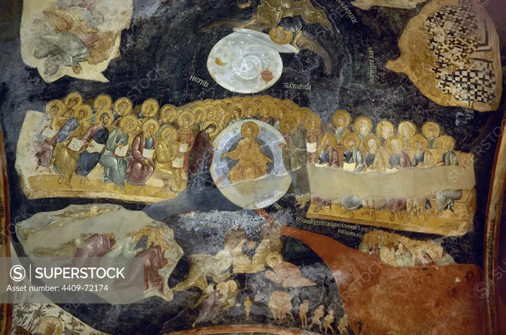 Turkey. Istanbul. Church of the Holy Saviour in Chora. 11th century. Fresco at the Parecclesion depicting the Last Judgement, with Christ at the center of the celestial vault, among the Apostles, the Virgin Mary and John the Baptist. Underneath, the choir of the elect and the preparation of the throne of judgment, with Adam and Eve.