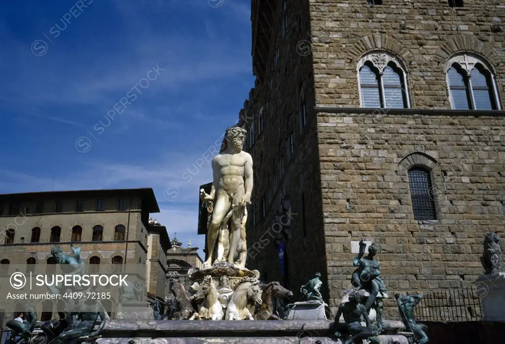 Italy. Florence. Fountain of Neptune, 1565. By Bartolomeo Ammannati (1511-1592). Signoria Square.